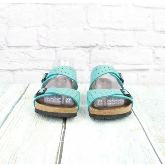 Birkenstock Birki's Freeport Blue Perforated Leather 2 Strap Sandals Size L6 M4 - Picture 4 of 9